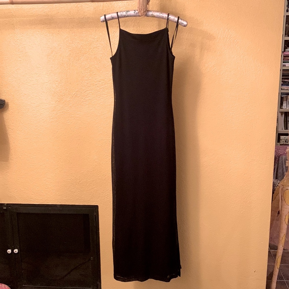 Black Spaghetti Strap Long Dress, Lined Knit Material, Size Small